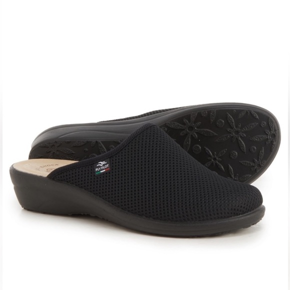 FLY FLOT Made in Italy Black Mesh Clogs - Picture 1 of 7